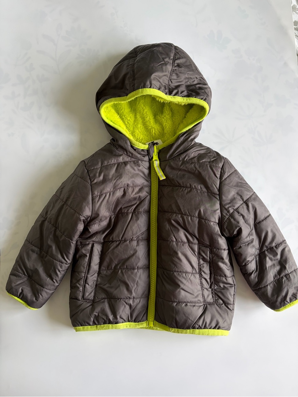 Cat & Jack Reversible Puffer Jacket Size 12 Months Fleece Gray Neon Green Fall